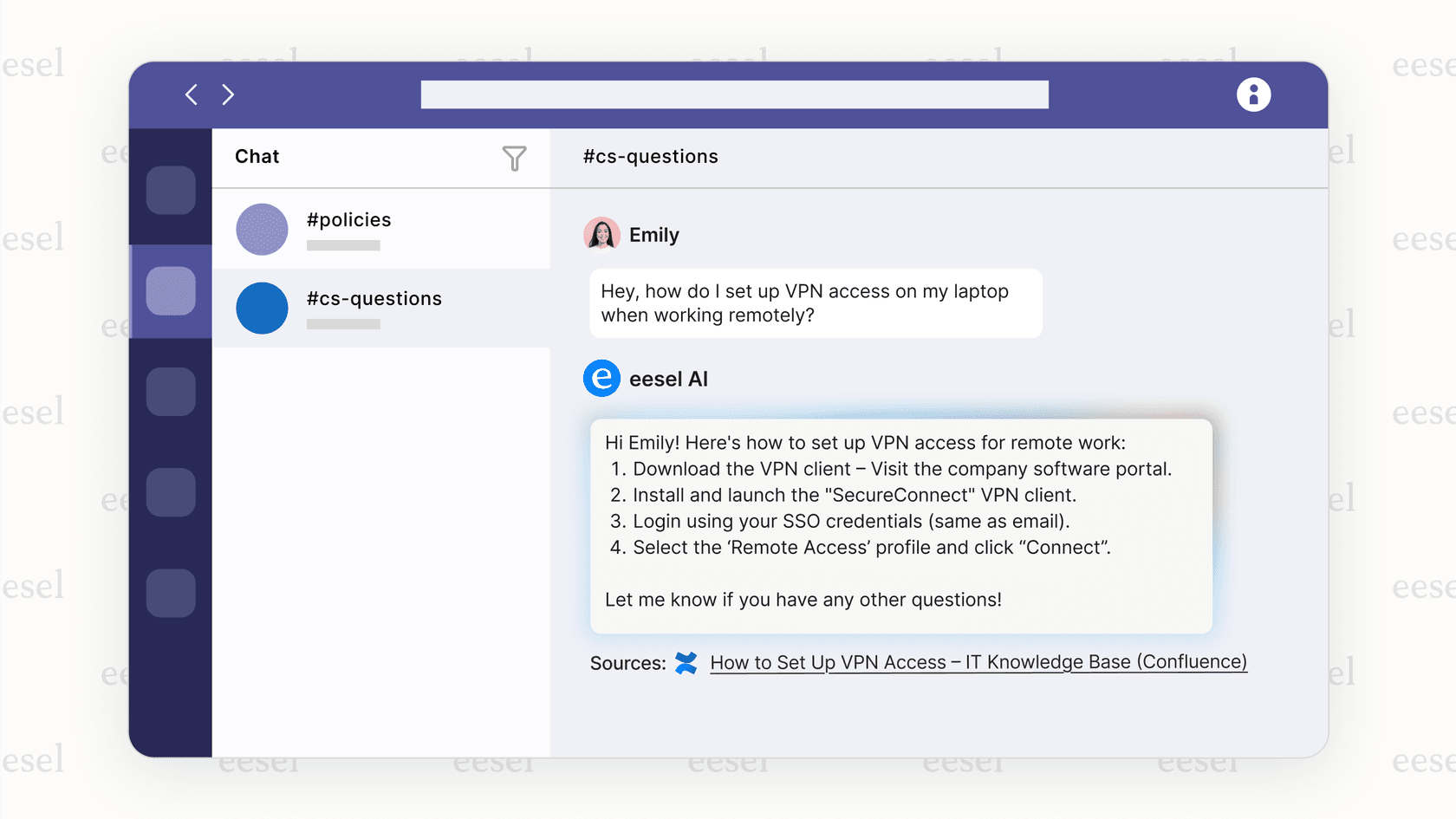 AI bot in a channel answering questions beyond Microsoft Teams AI capabilities. 