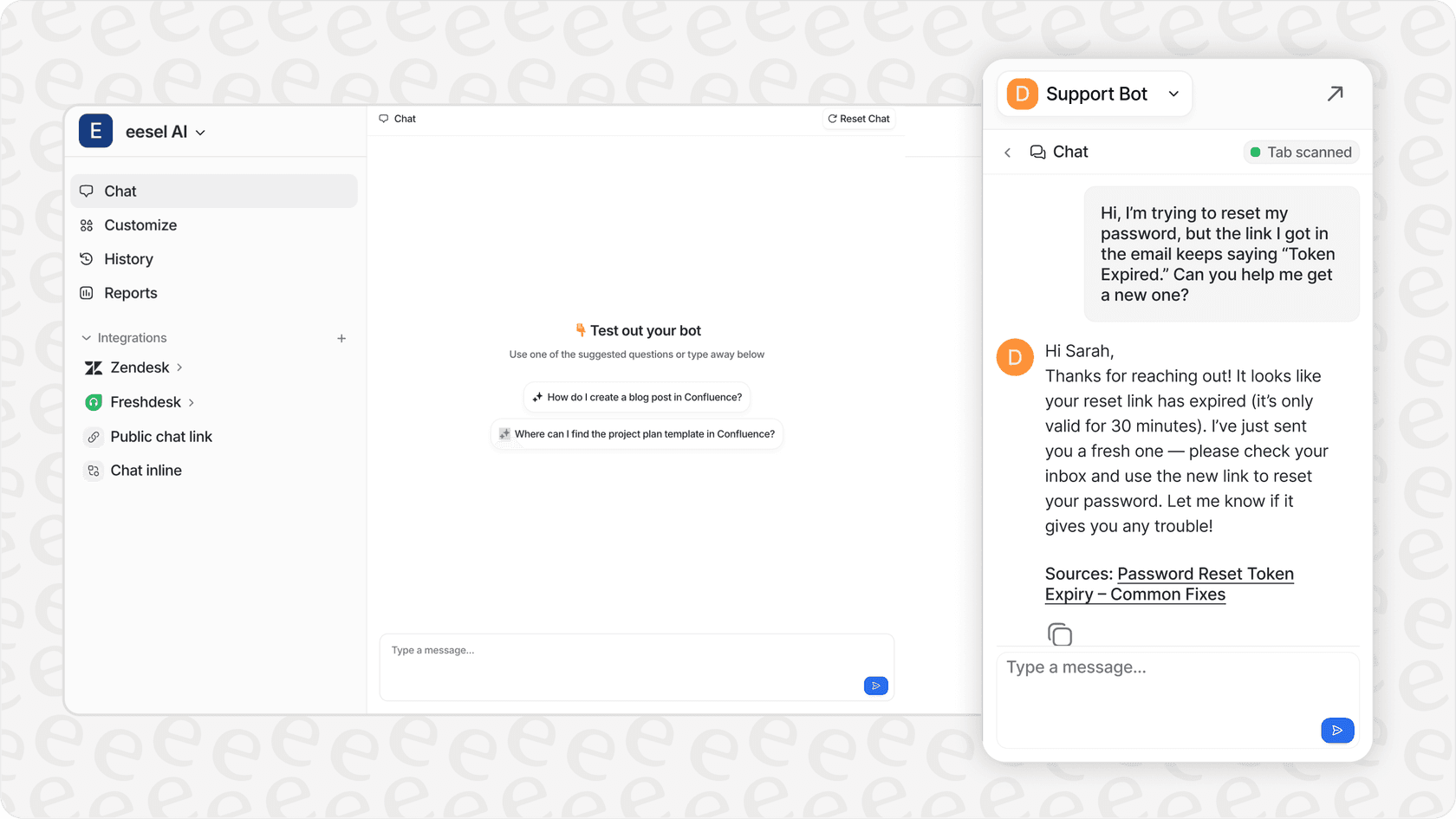 カスタマーサポートにおけるAIアシスタントおよびAIエージェントの機能を示すeesel AIダッシュボードのスクリーンショット。