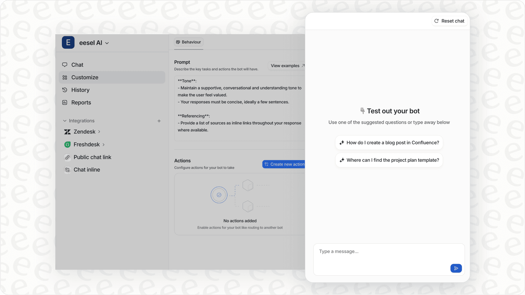 eesel AI interface for testing and refining AI shopping assistant performance.