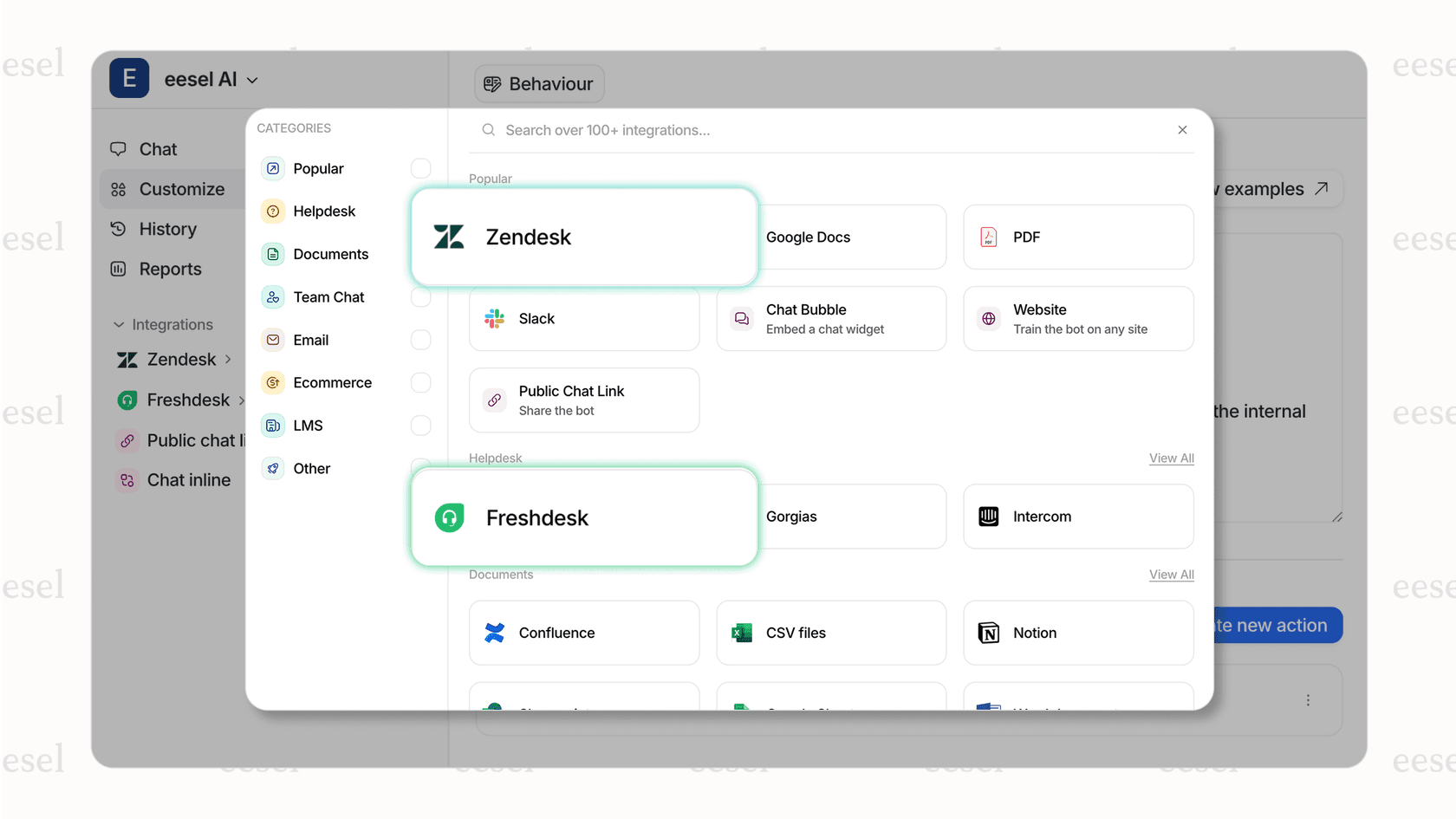 eesel AI's integration options including help desks like Zendesk and Freshdesk.