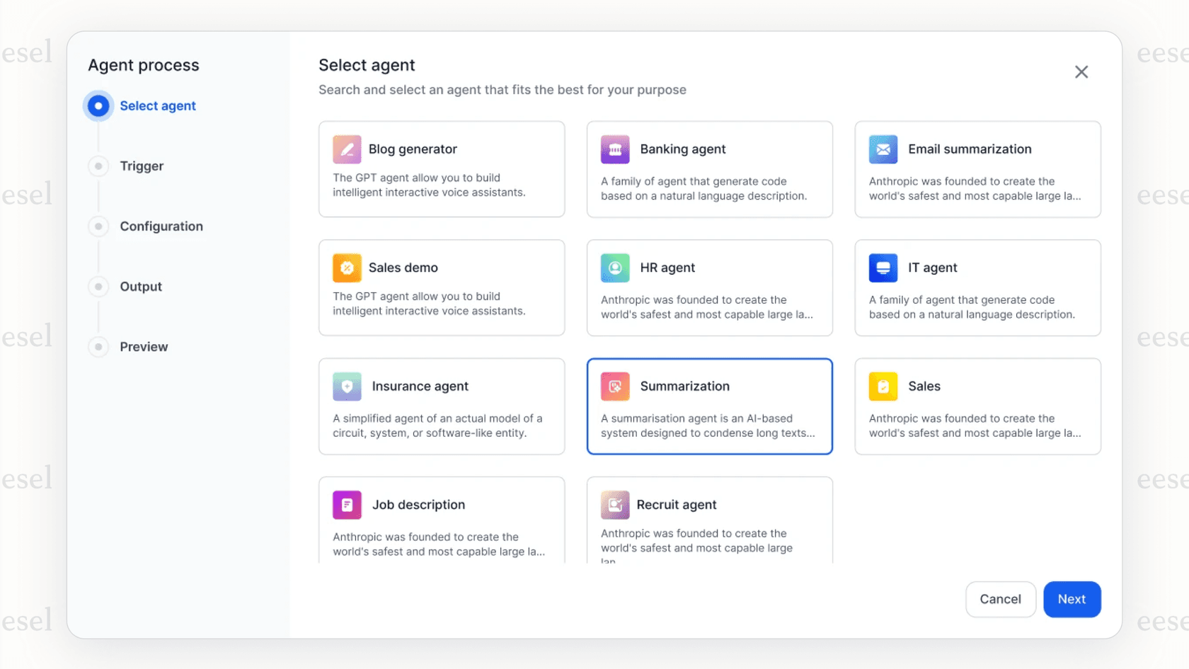 Kore.ai platform's library of pre-built templates.
