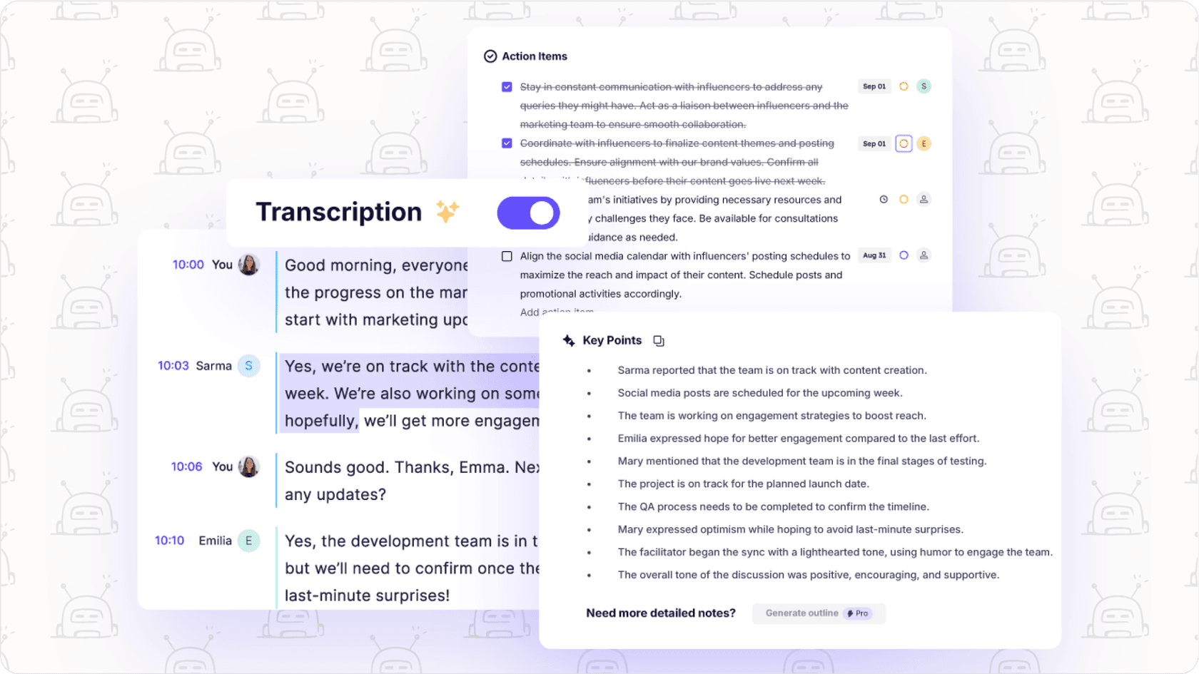 Krisp meeting assistant interface with transcription and summary features.