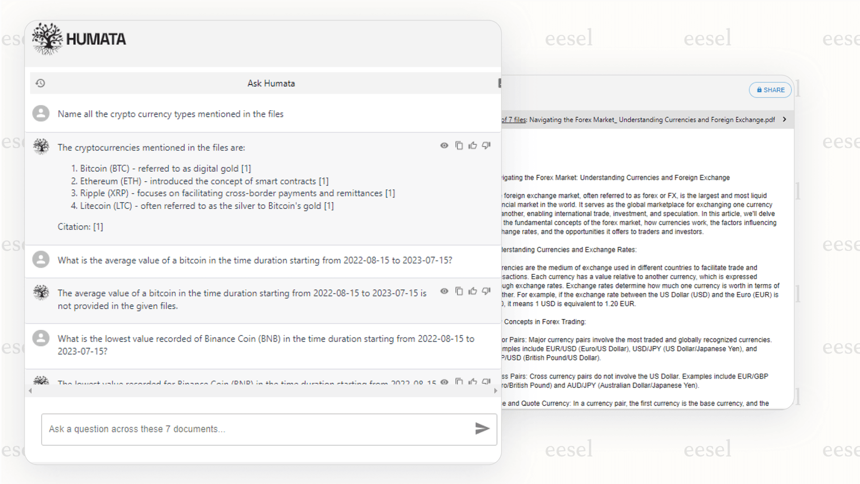 Humata AI's ability to cite sources from several different documents in a single answer.
