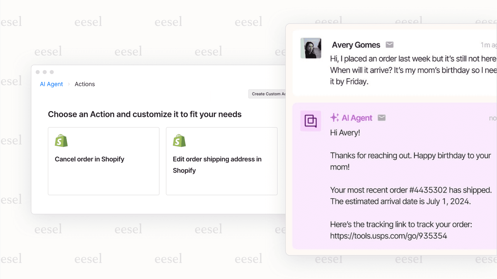 Gorgias AI agent in a chat widget providing a customer with real-time order tracking details.