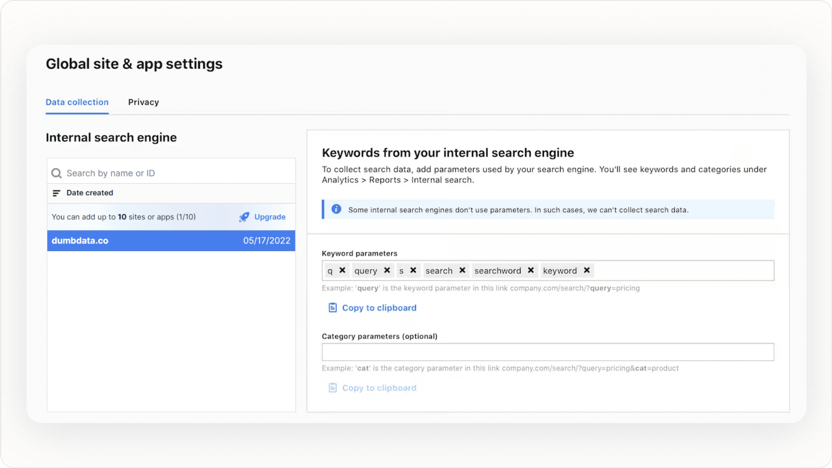 Internal search integration settings.