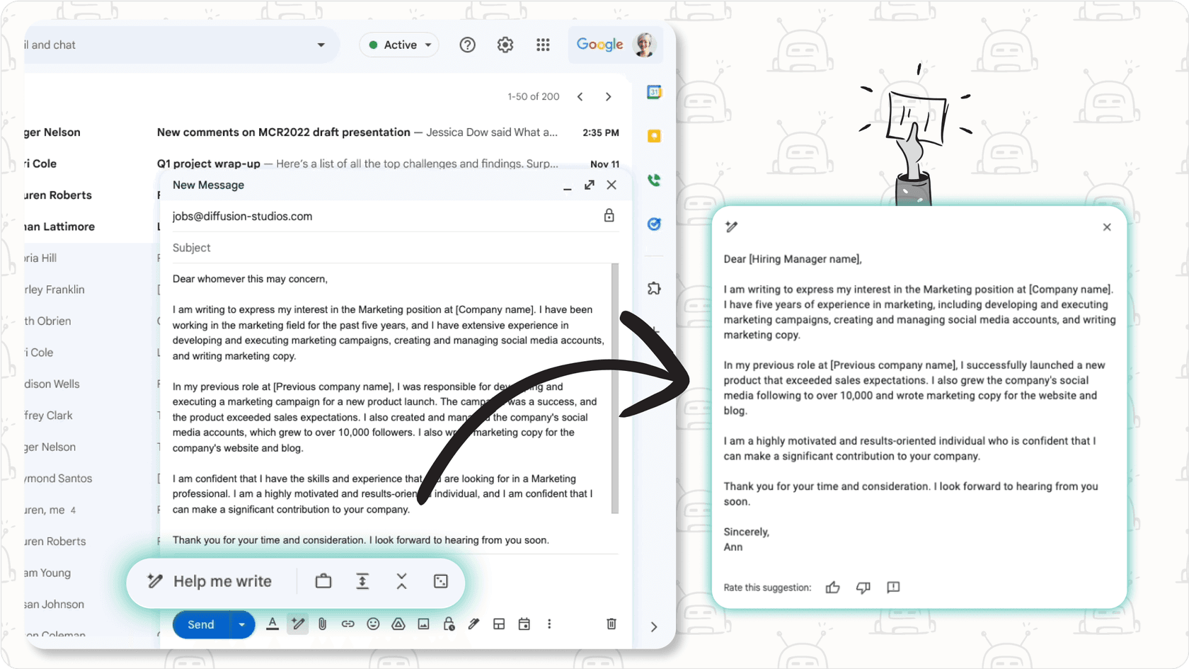 Asistente de correo electrónico de IA sugiriendo un borrador de correo electrónico consciente del contexto.