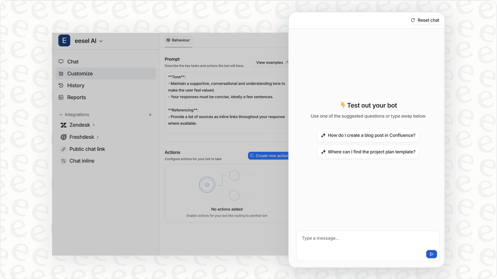 interface de teste do bot eesel AI.