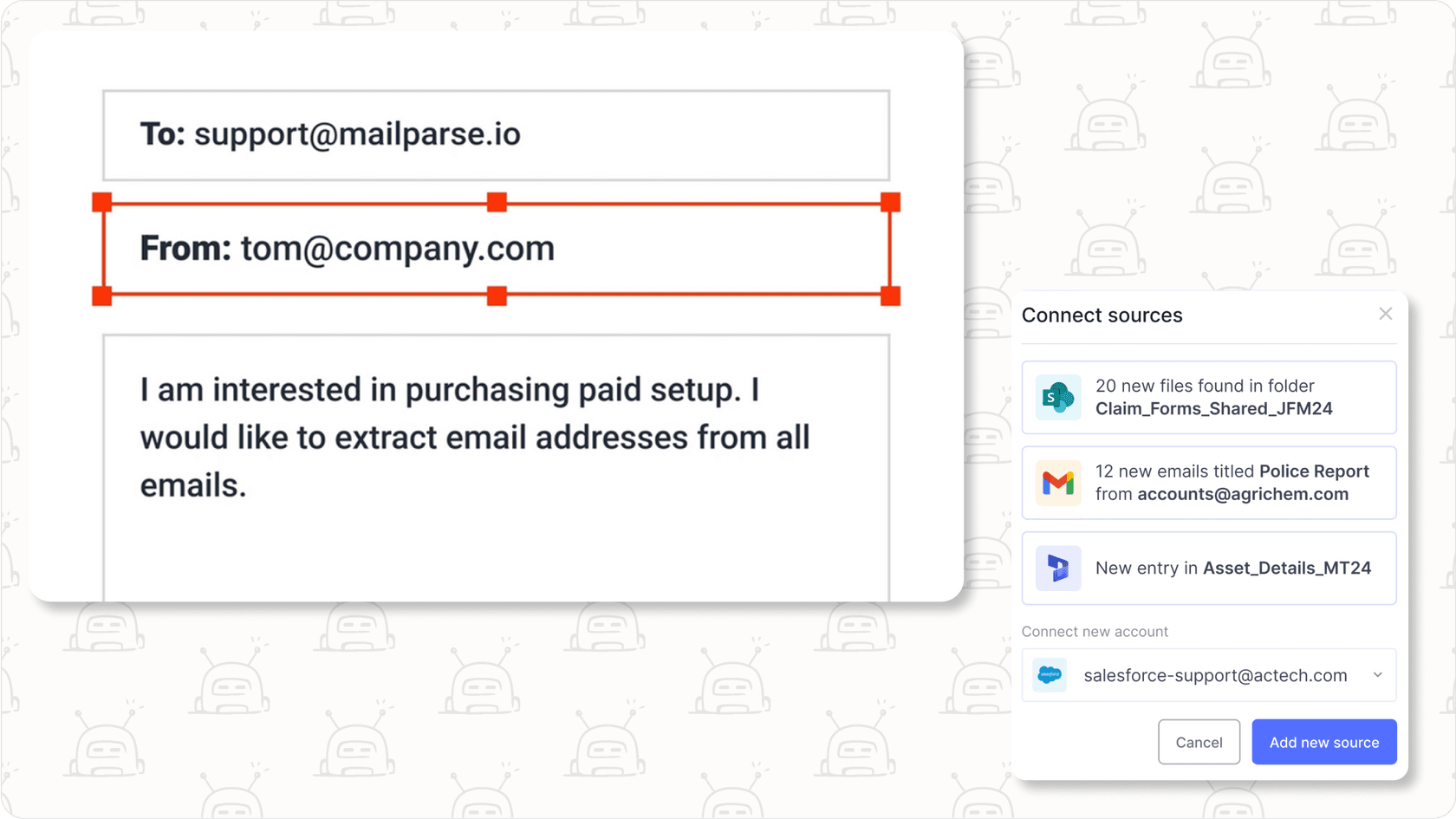 Asistente de correo electrónico de IA extrayendo puntos de datos clave de un correo electrónico.