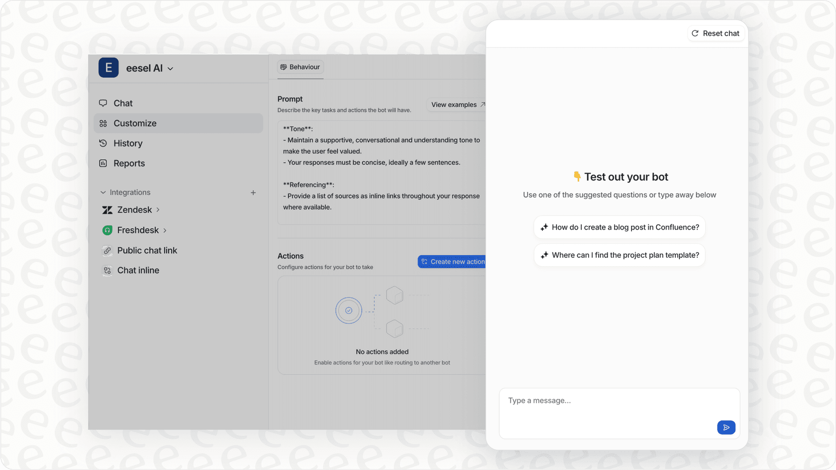 interfaz de eesel AI destacando opciones de integración y pruebas para un asistente de correo electrónico AI.