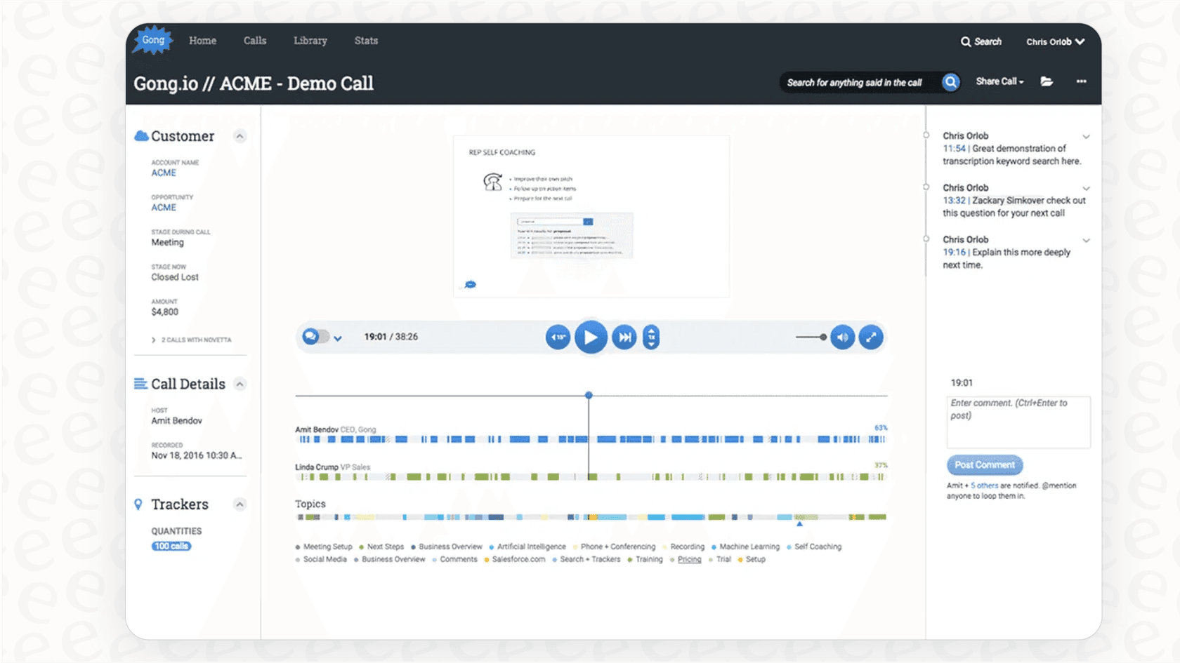 A detailed screenshot of a call analysis which helps explain what is Gong, showing a transcript with manager comments and topic tracking.