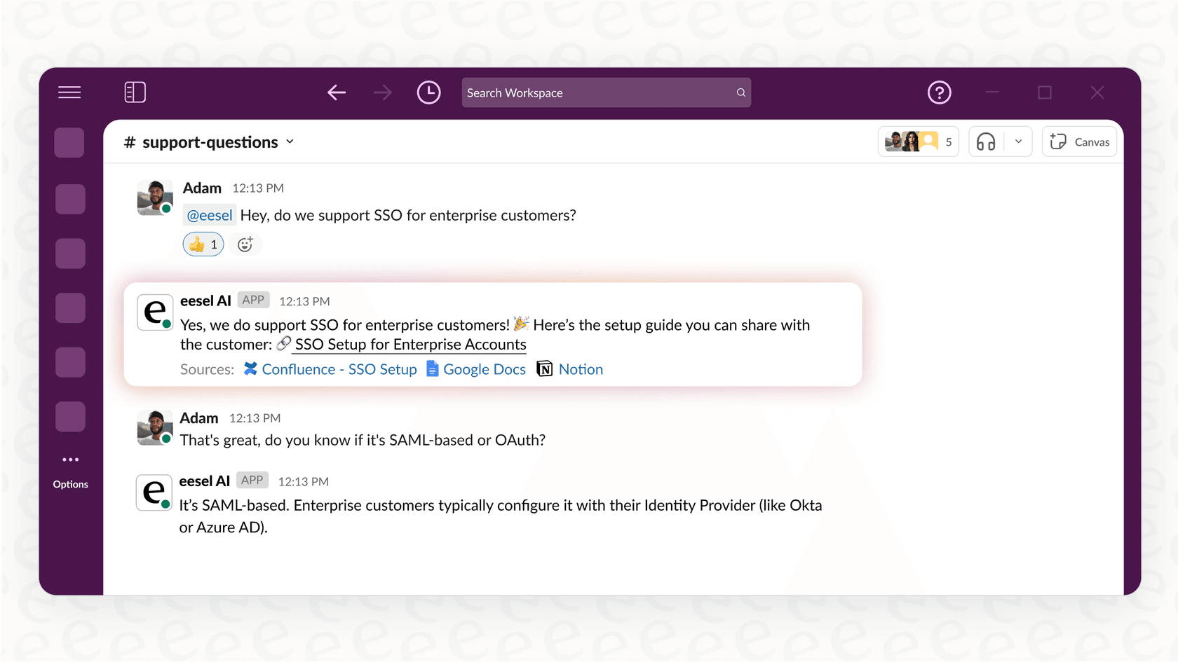 Una captura de pantalla del chatbot de eesel AI respondiendo una pregunta en Slack, demostrando su integración con los canales de soporte interno, una característica clave de la alternativa a Lorikeet AI.::
