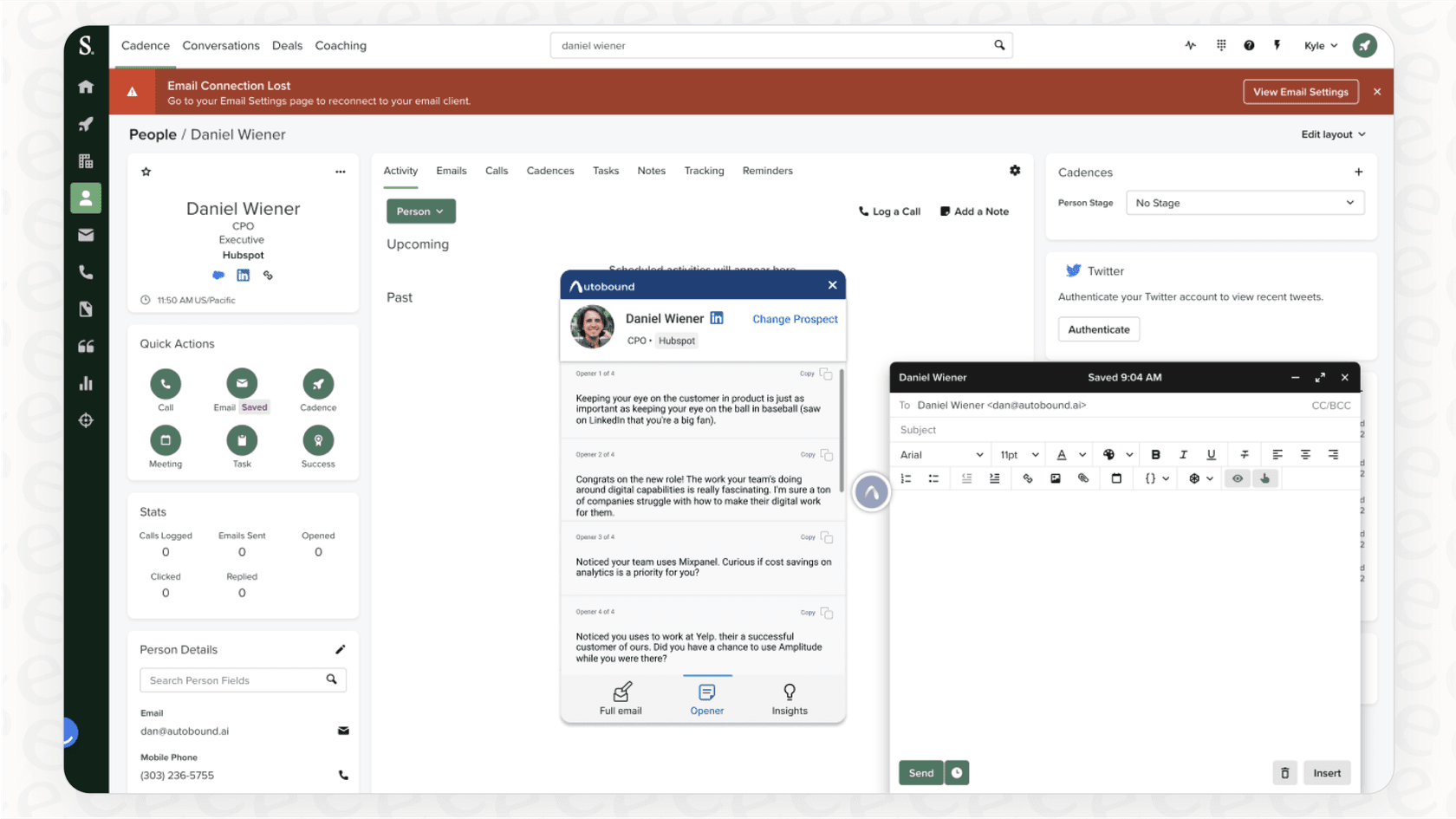 A screenshot showing the Autobound.ai extension working inside of a Gmail email draft, offering suggestions for AI email personalization.
