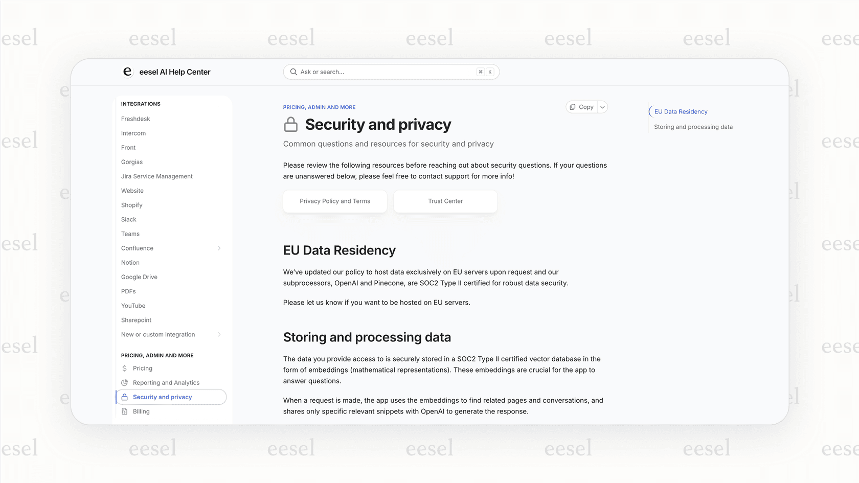 A focused screenshot highlighting security promises for enterprise AI support, such as 