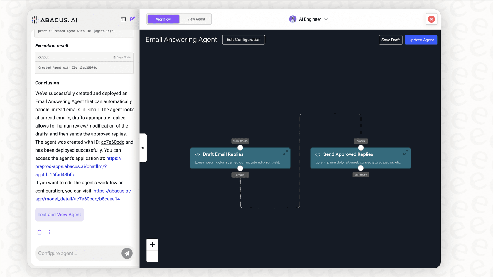 Screenshot showing the developer-focused workflow builder in Abacus AI, illustrating its complexity.
