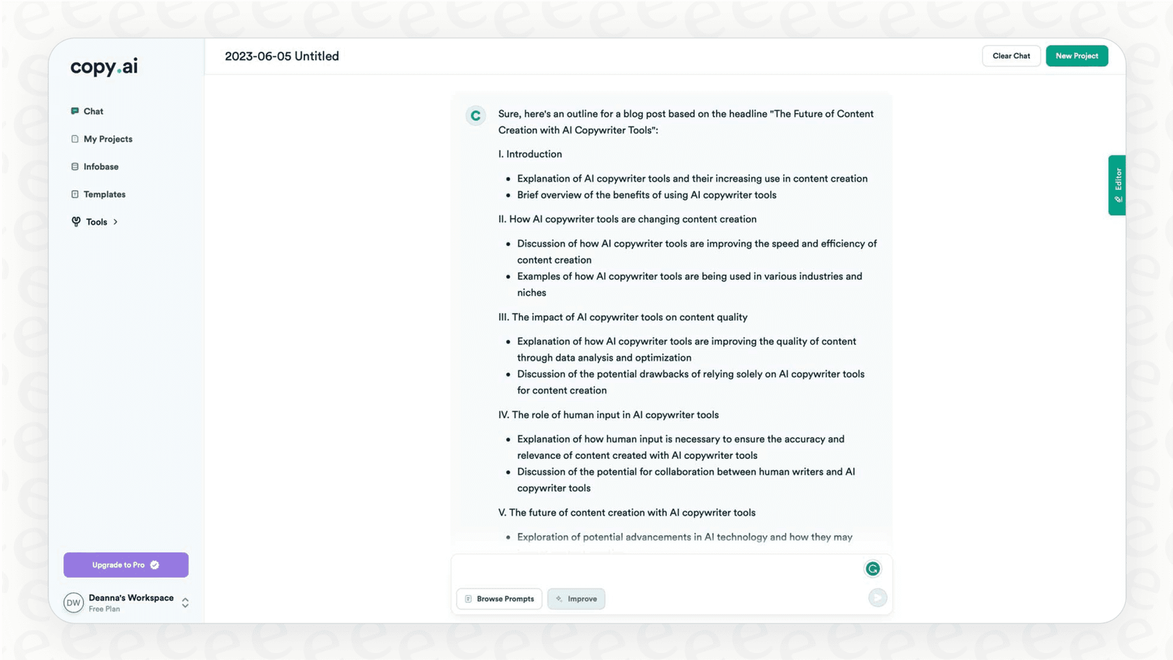 このCopy.aiの概要画像は、チャットインターフェースと利用可能な豊富なテンプレートライブラリを表示しています。::Copy.aiの概要のスクリーンショットで、AIチャットとコンテンツ作成に利用できる90以上のテンプレートの広範なリストを表示しています。