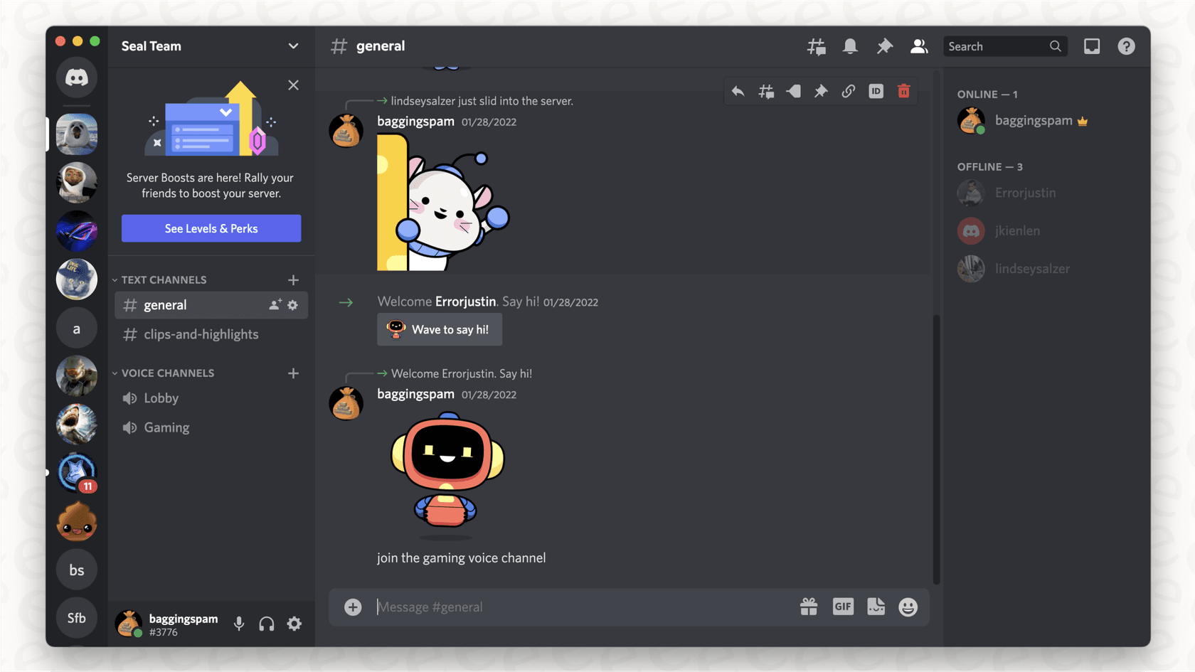 Screenshot providing a Discord overview, showing the key components of the user interface: servers, channels, and user roles.