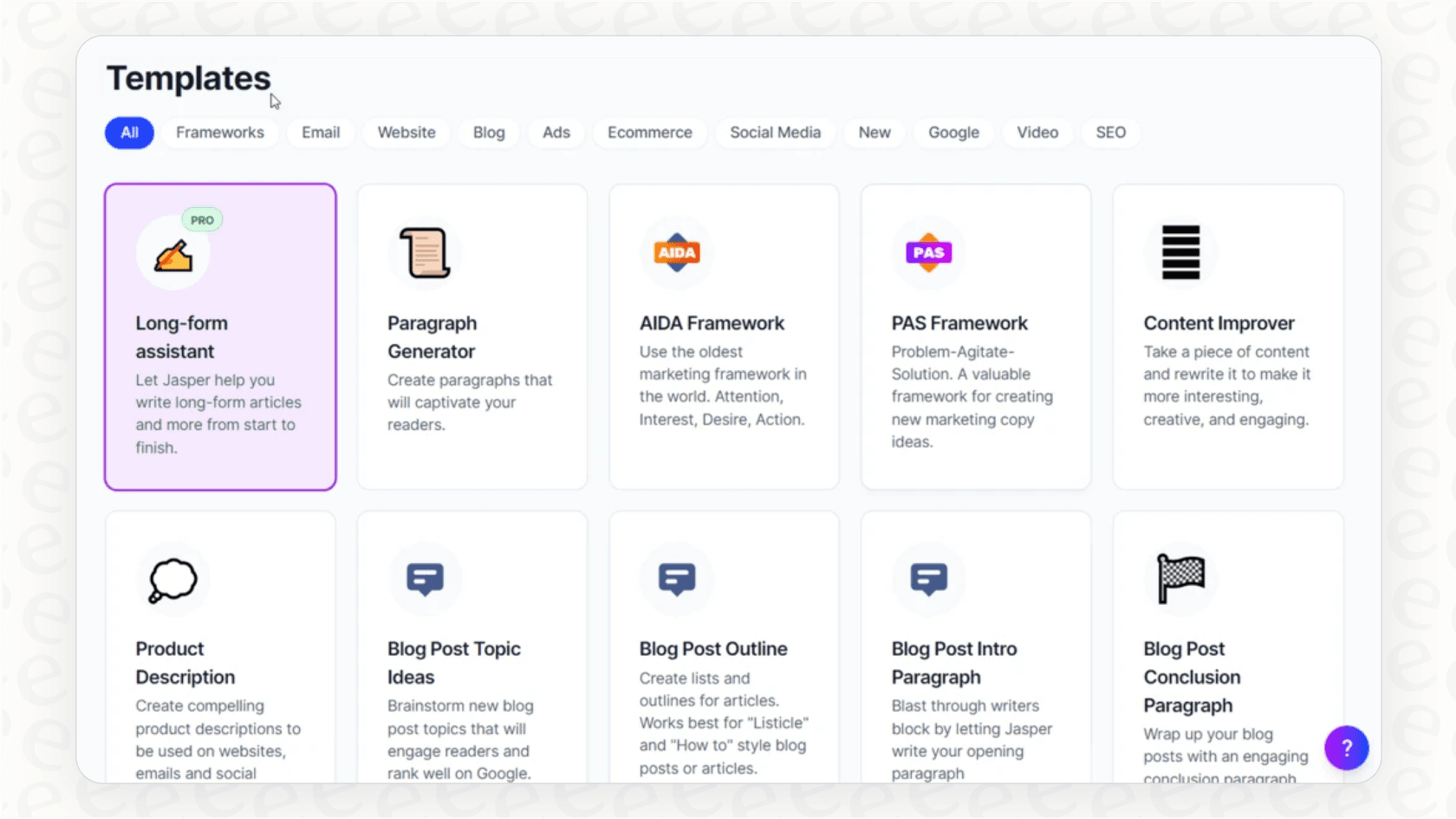 Screenshot of the Jasper AI template library, a key feature in this Jasper overview.