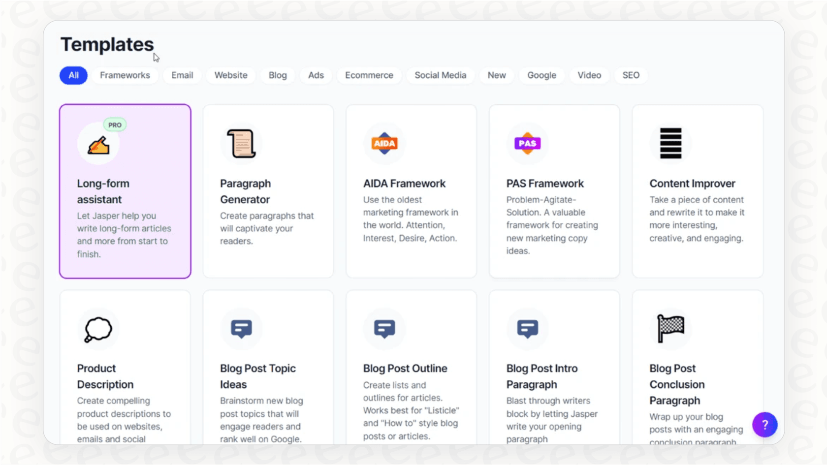 Screenshot of the various content templates included in the Jasper pricing plans, including options for blog posts, ads, and social media.