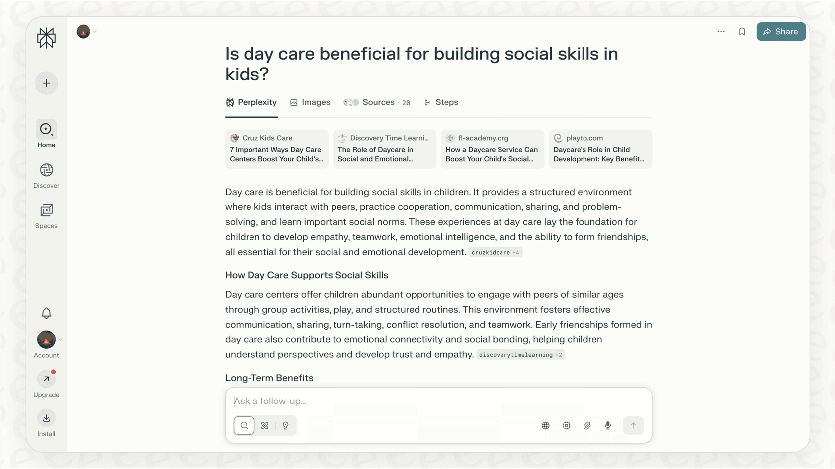 A screenshot of the Perplexity answer engine, illustrating the features included in the Perplexity pricing plans.