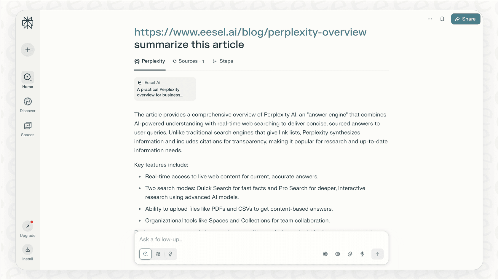 Screenshot illustrating a complete Perplexity overview, showing its answer engine format with a summarized response to a user