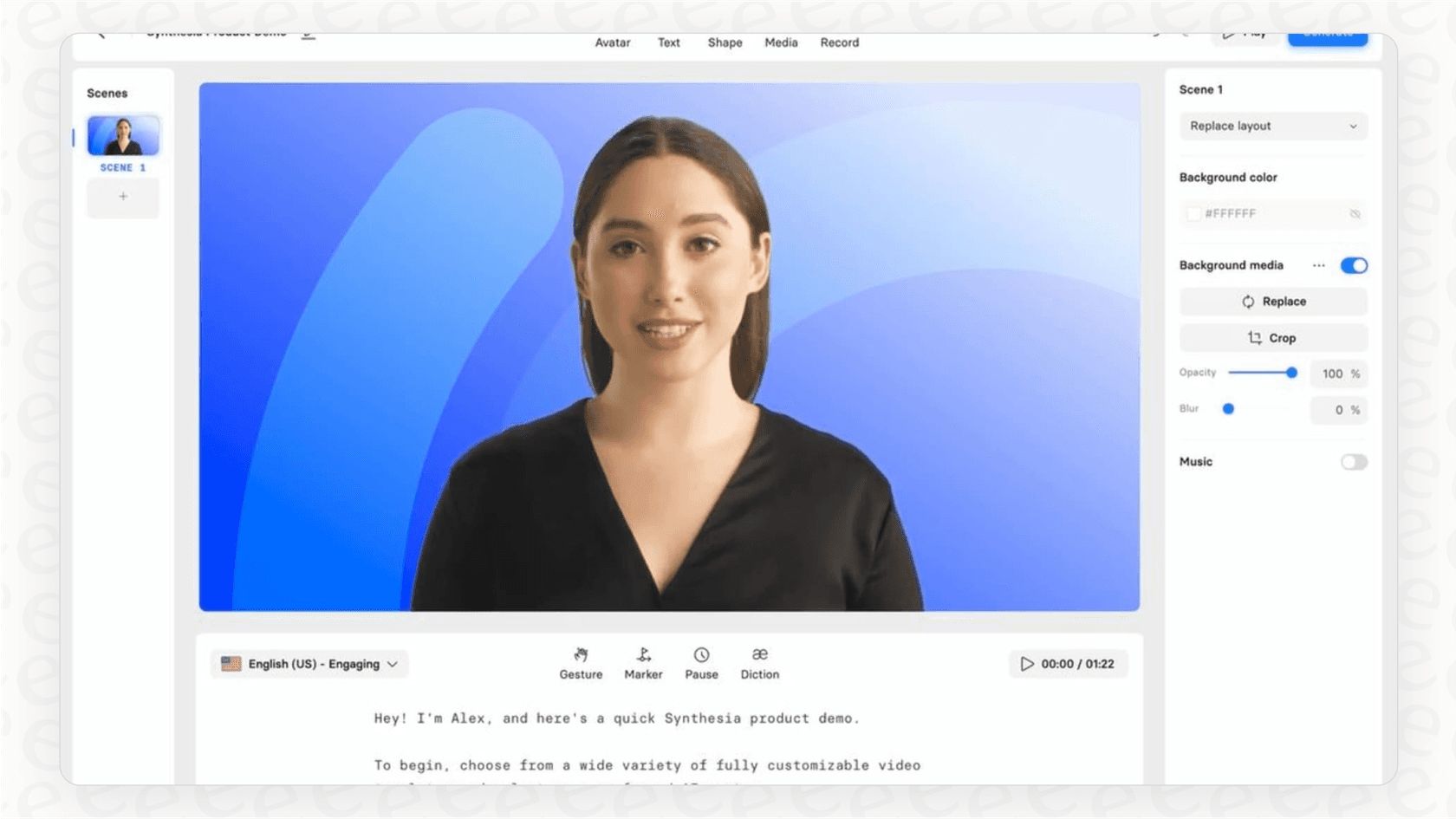 The Synthesia video creation interface, showing where users write scripts and select avatars as part of the Synthesia pricing plans.