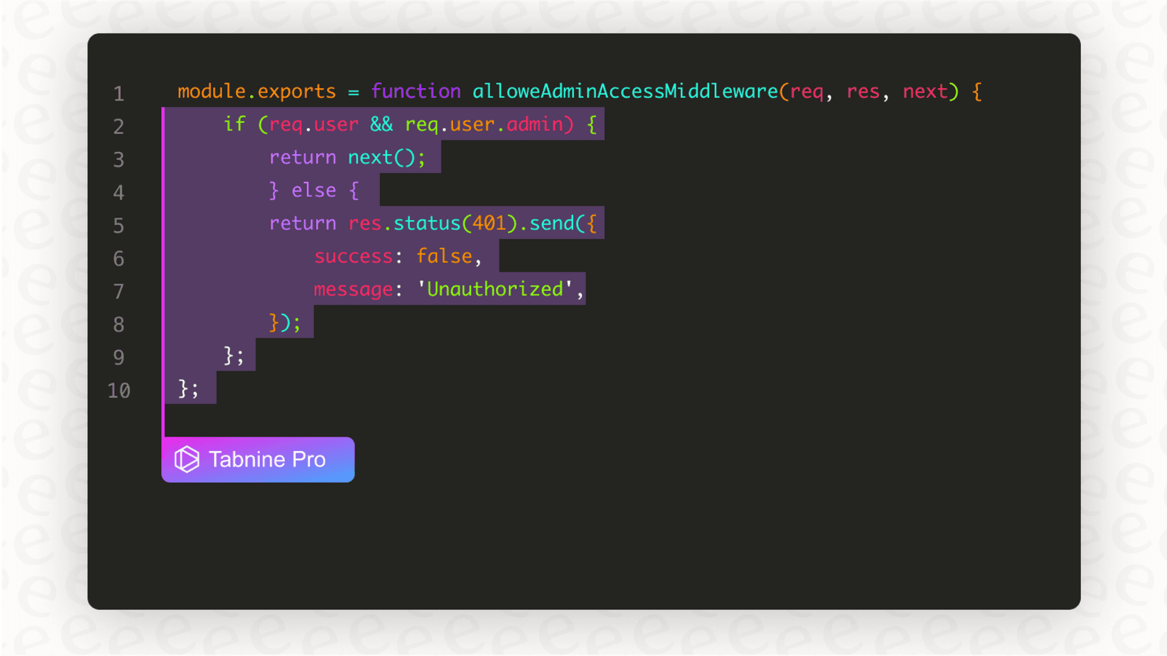 Ein Screenshot für eine Tabnine-Übersicht, die den KI-Programmierassistenten integriert in eine beliebte IDE und Code vorschlagend zeigt.