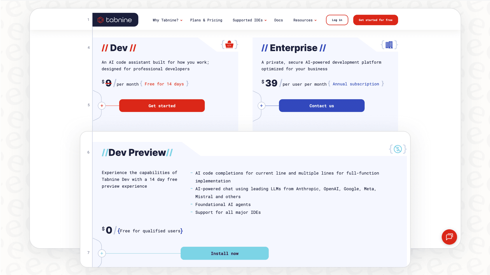 Screenshot displaying the official Tabnine pricing plans, including Dev Preview, Dev, and Enterprise tiers.