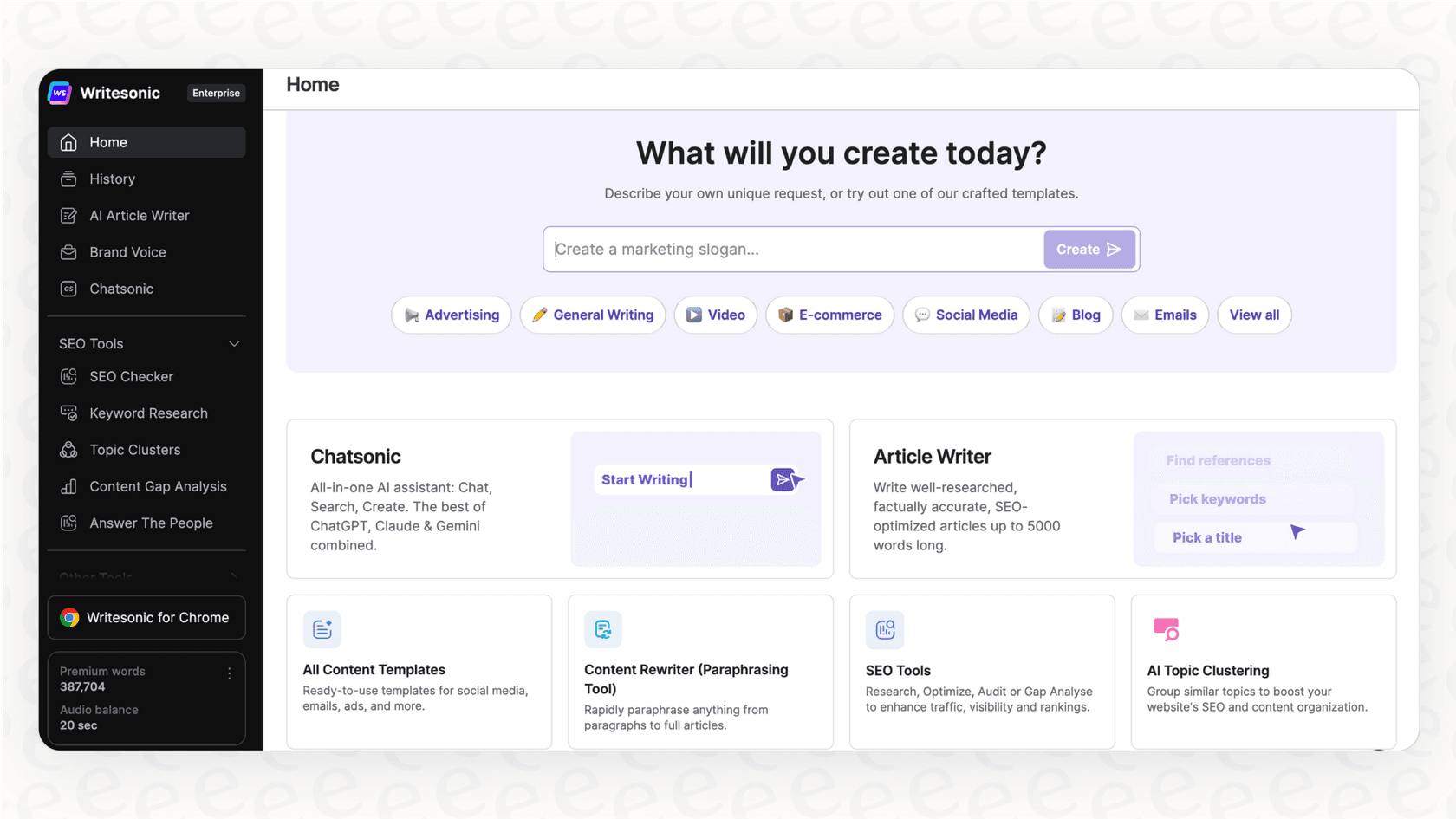 A screenshot providing a Writesonic overview of the platform
