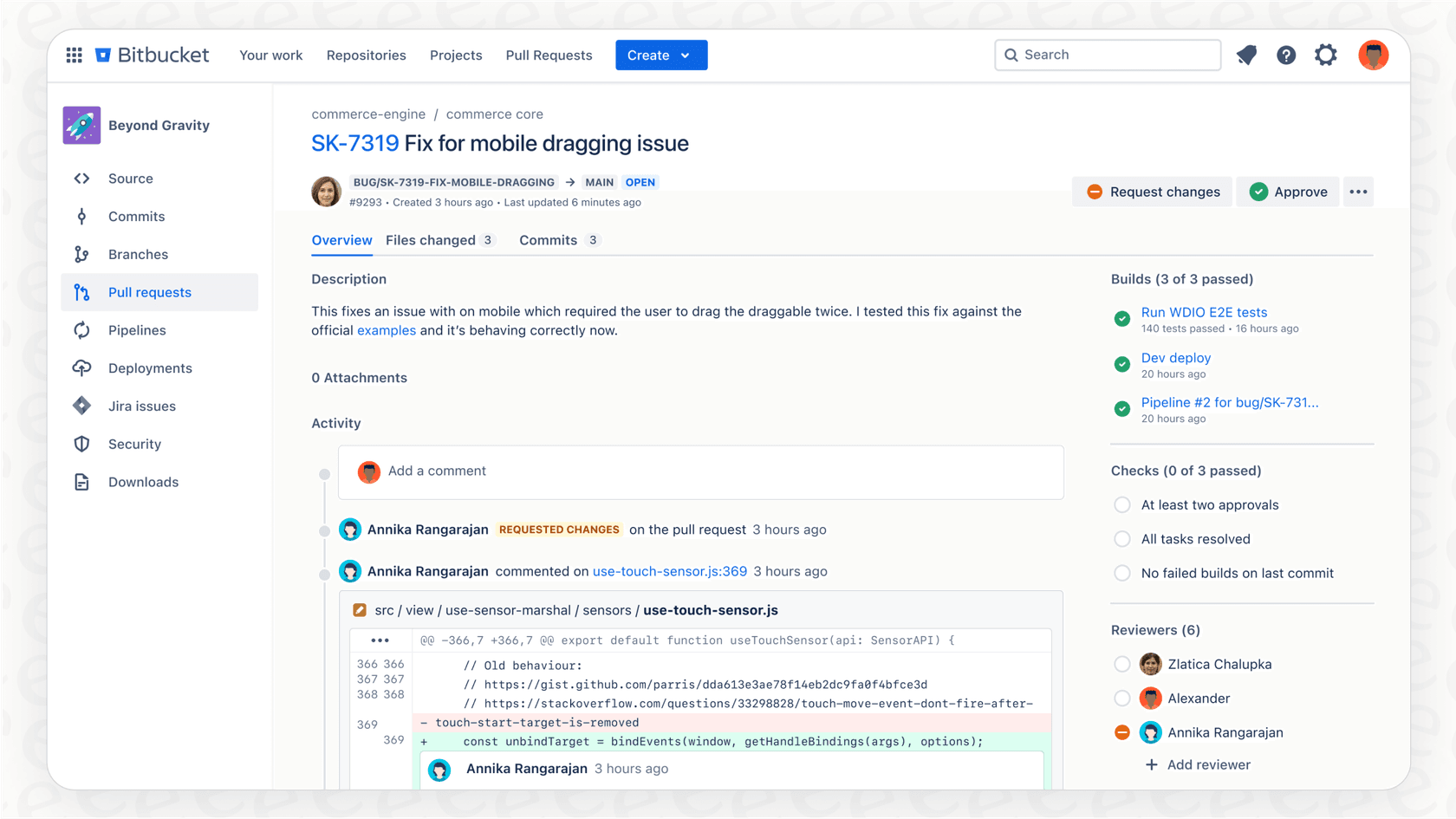 A detailed Bitbucket overview of the code review process within a pull request.