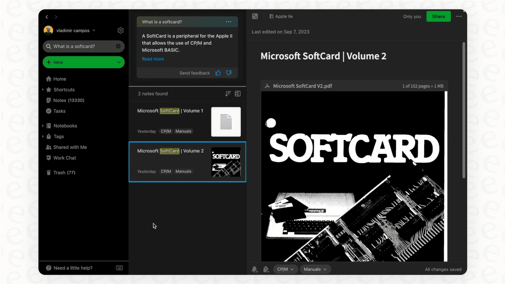 Screenshot for an Evernote overview demonstrating the AI-Powered Search finding relevant information inside a scanned document using OCR.