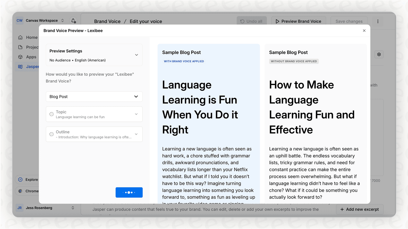 Screenshot detailing the Brand Voice setup in Jasper AI, a core topic of this Jasper overview.