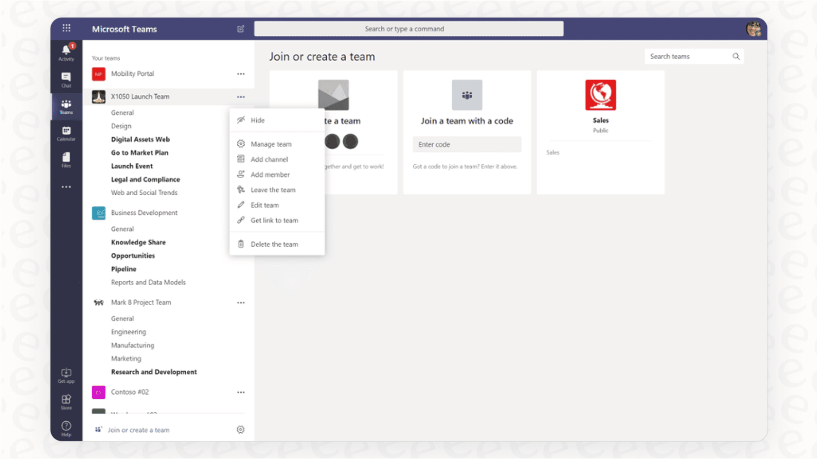 A screenshot demonstrating the team and channel structure in Microsoft Teams as part of a complete Teams overview.