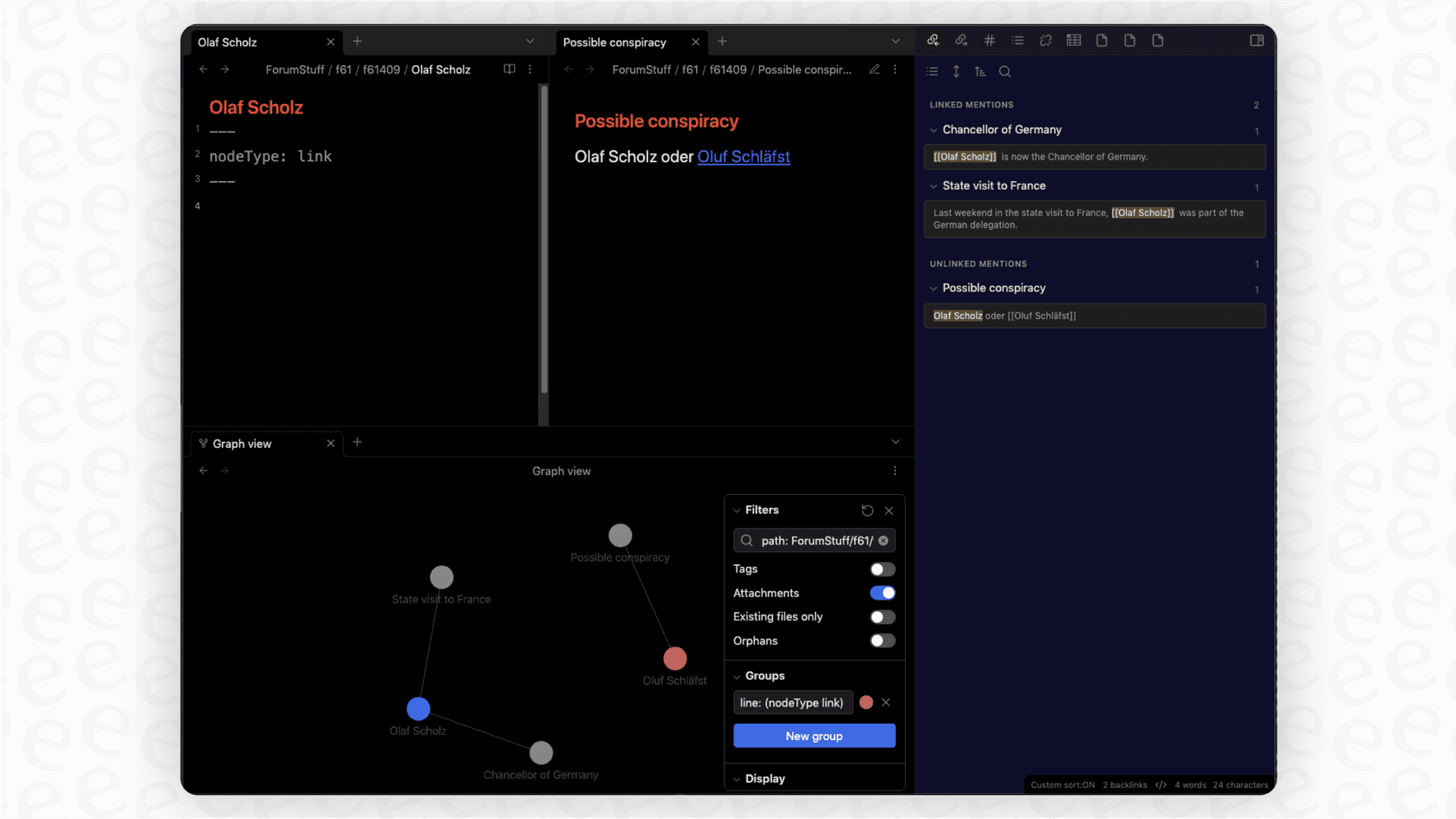 Screenshot for an Obsidian overview, demonstrating how to create a link between two notes using double brackets.