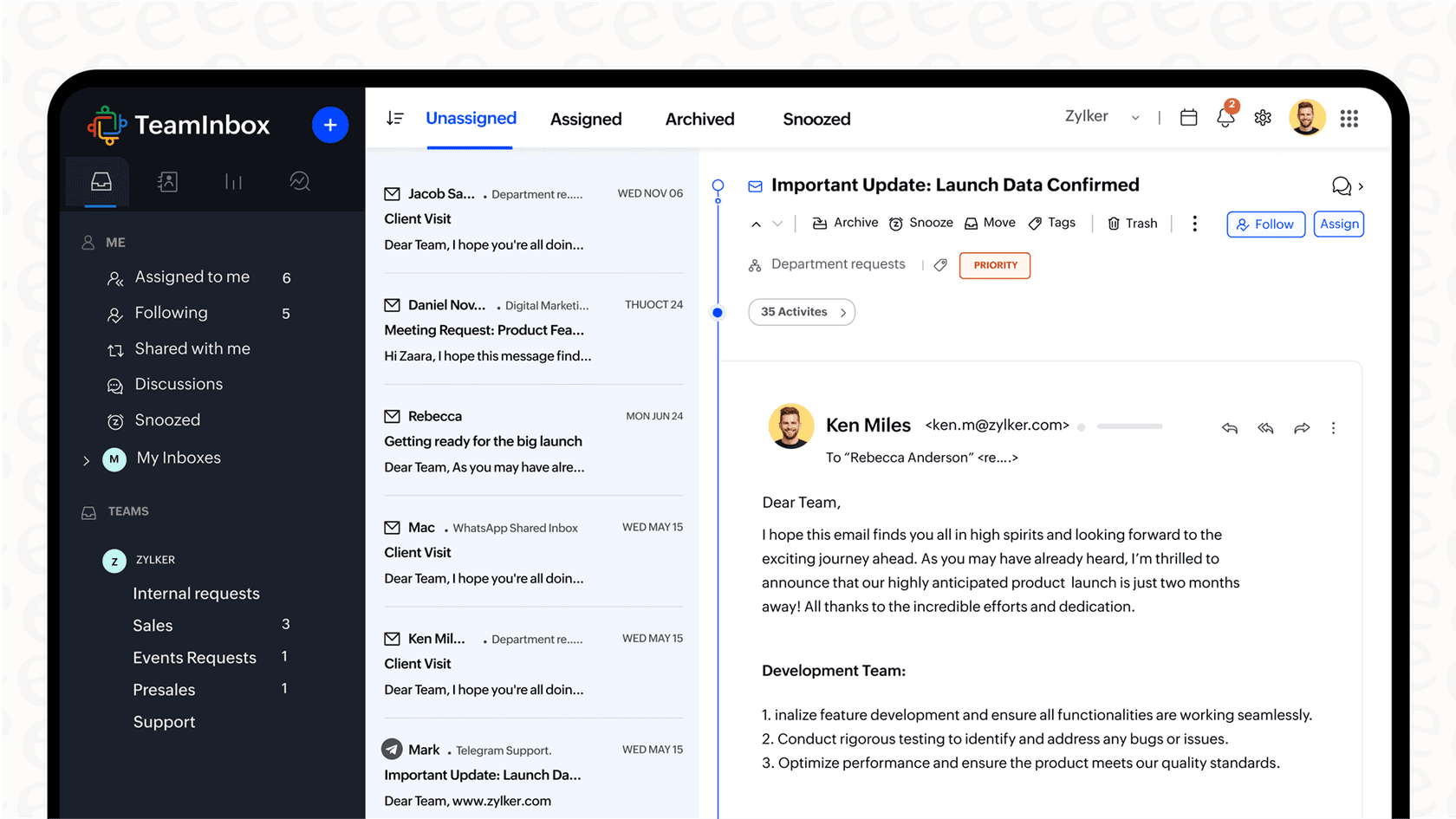 A screenshot of the Zoho Desk unified inbox, a key feature in this Zoho Desk overview.