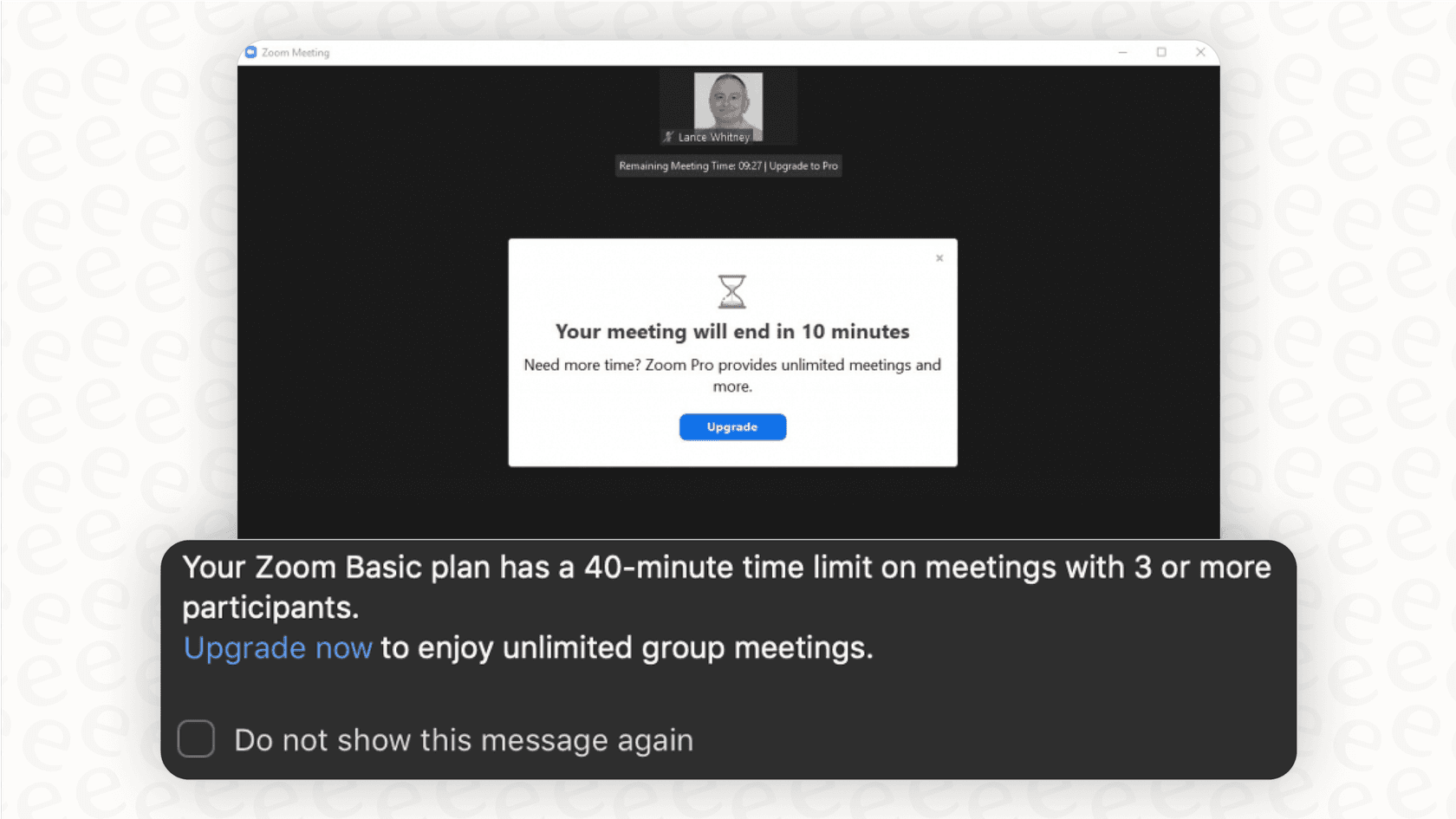 The 40-minute meeting limit shown in the Zoom app, which influences decisions on Zoom pricing tiers.