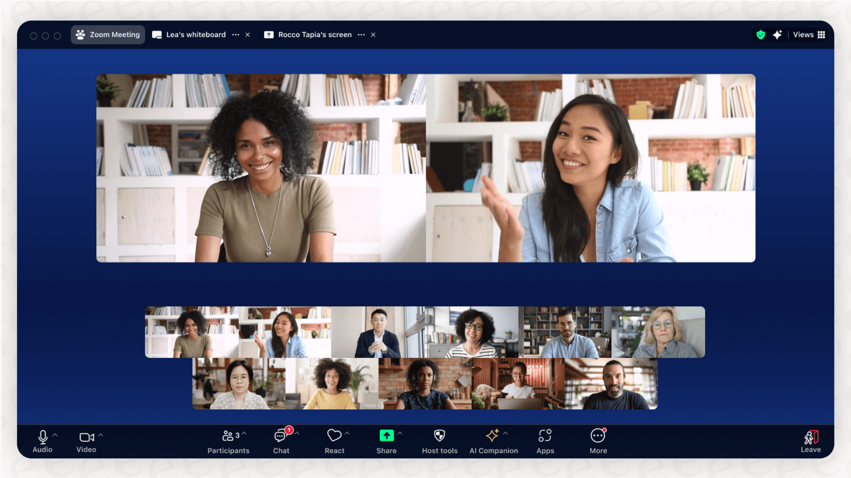 A screenshot offering a Zoom overview of a live meeting, displaying key features like video participants, screen sharing, and in-meeting chat.
