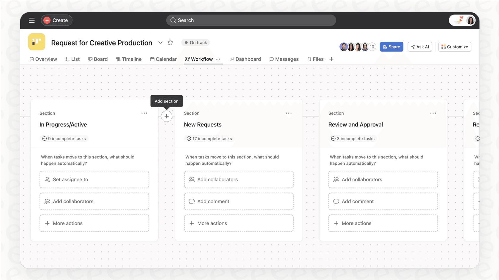 Uma captura de ecrã para esta visão geral do Asana a demonstrar o Construtor de Fluxos de Trabalho, que permite às equipas automatizar tarefas e processos repetitivos.