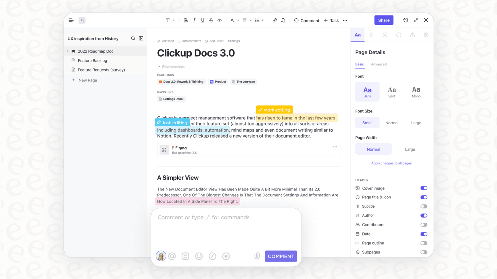 Screenshot providing a ClickUp overview of the ClickUp Docs feature, showing team members collaborating on a document in real-time.