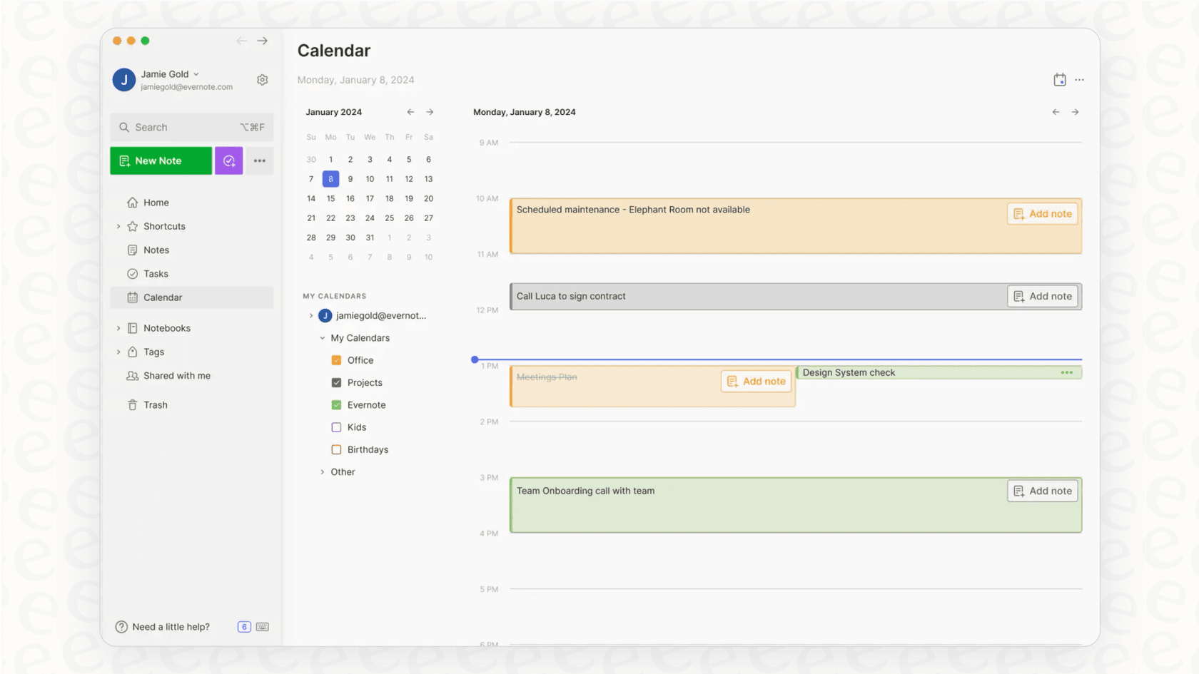 A screenshot for this Evernote overview showing how tasks and Google Calendar events can be connected directly within a note.