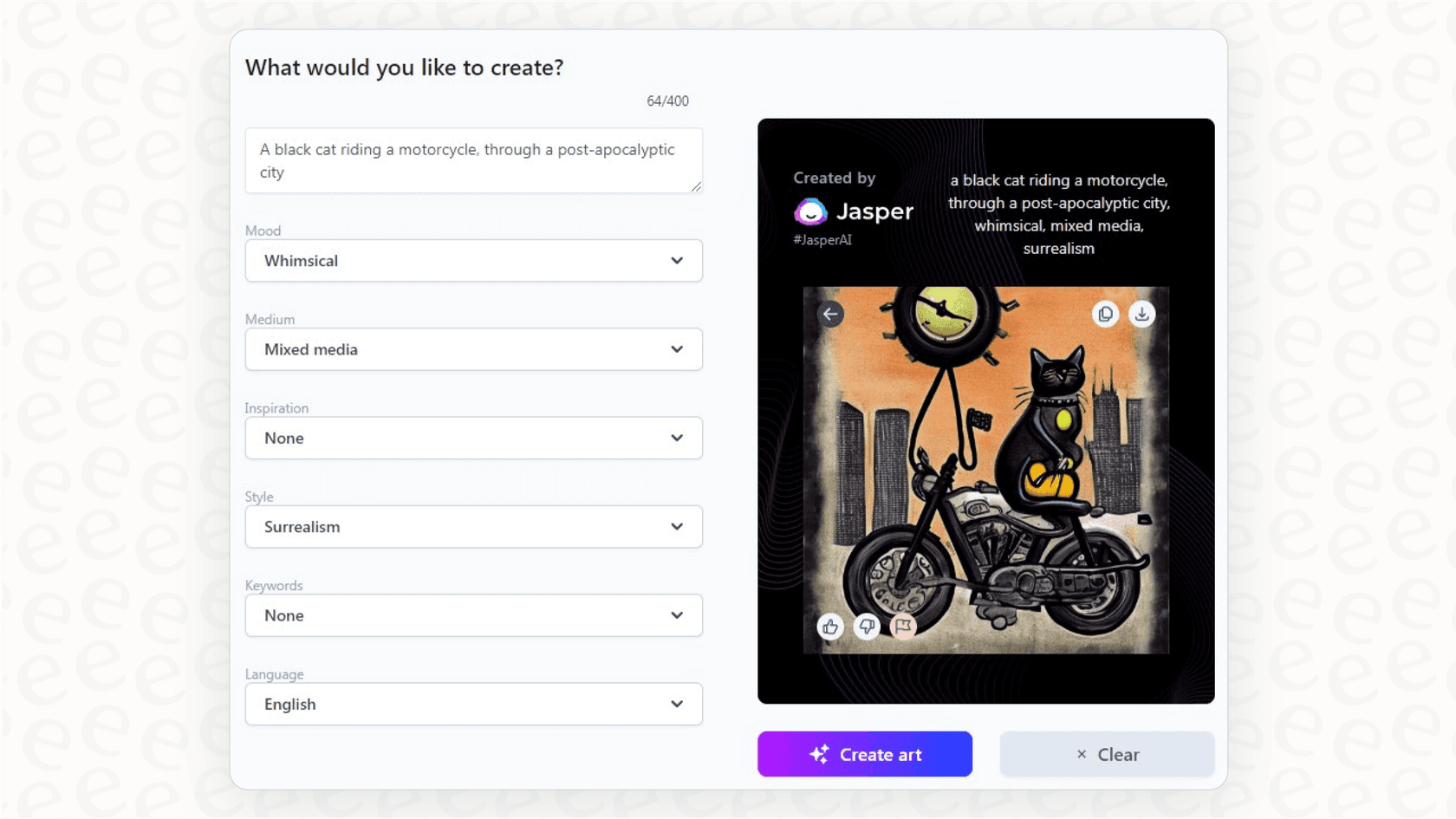 A view of the Jasper Art feature generating an image from a text prompt, an important part of this Jasper overview.