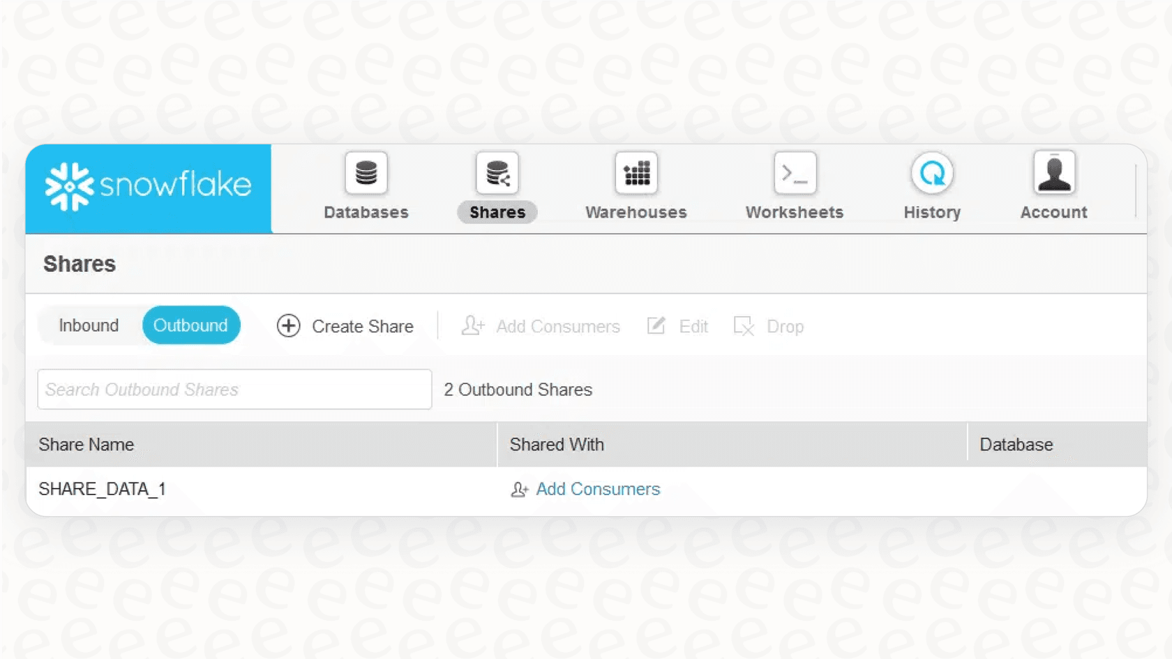 A screenshot for this Snowflake overview showing how to securely share live data with partners or other departments using the Snowflake data sharing interface.