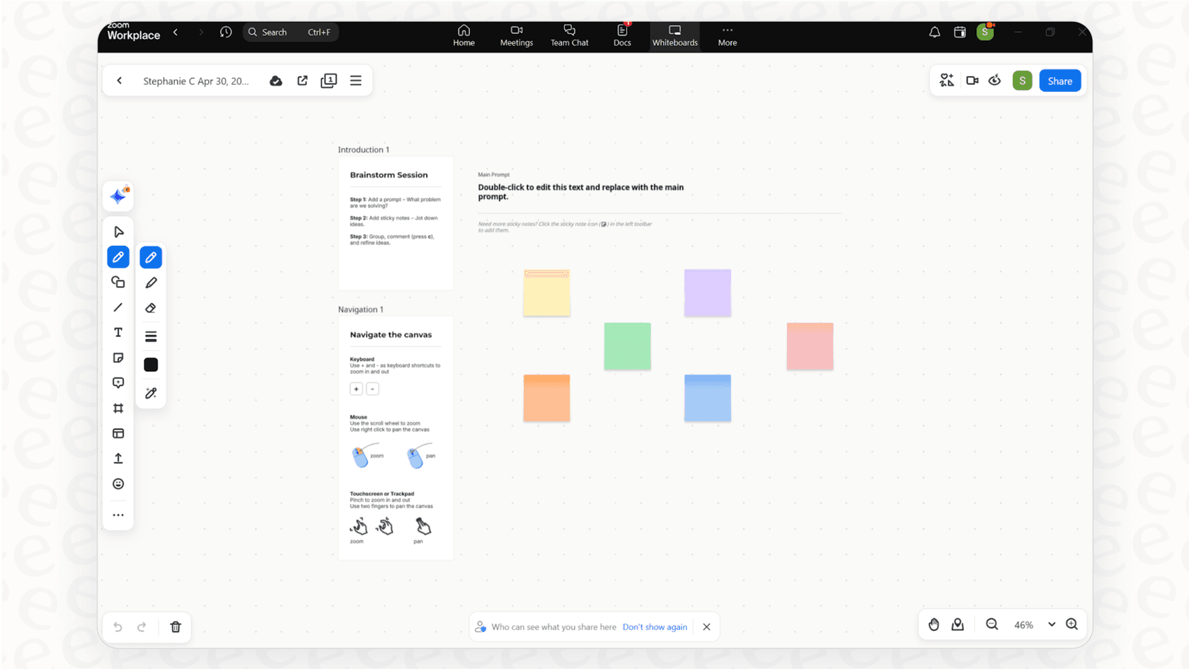 A screenshot providing a Zoom overview of the digital Whiteboard, showcasing collaborative brainstorming tools available during a meeting.