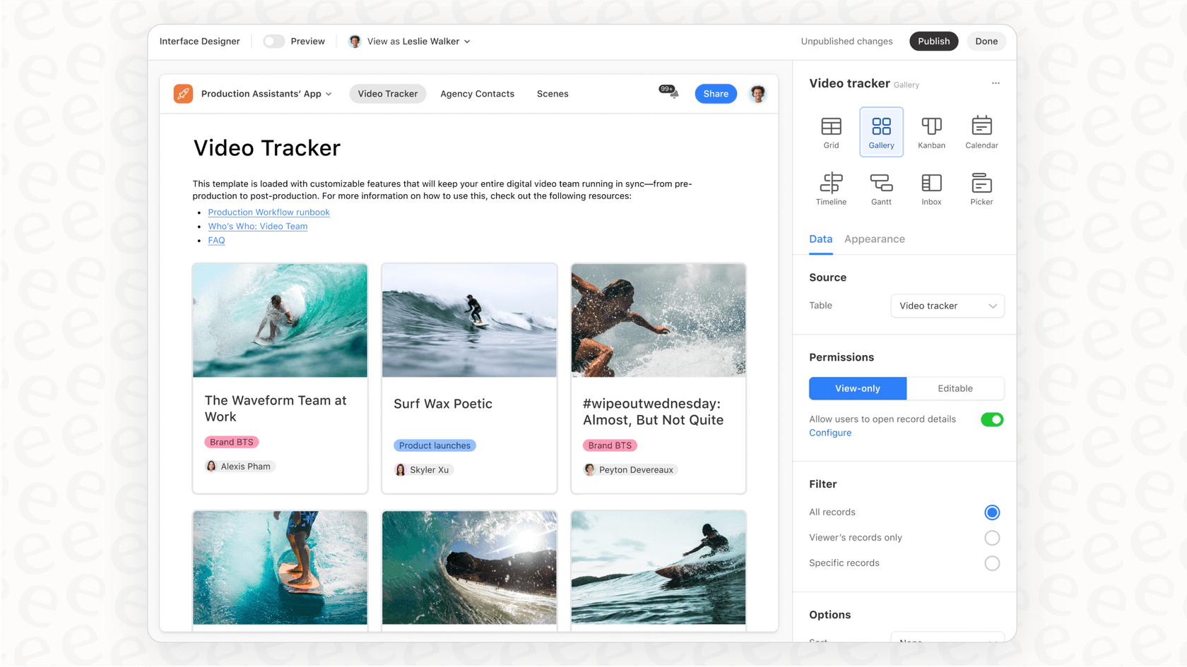 This Airtable overview screenshot shows the Interface Designer, a tool for creating custom, interactive pages for data visualization and interaction.