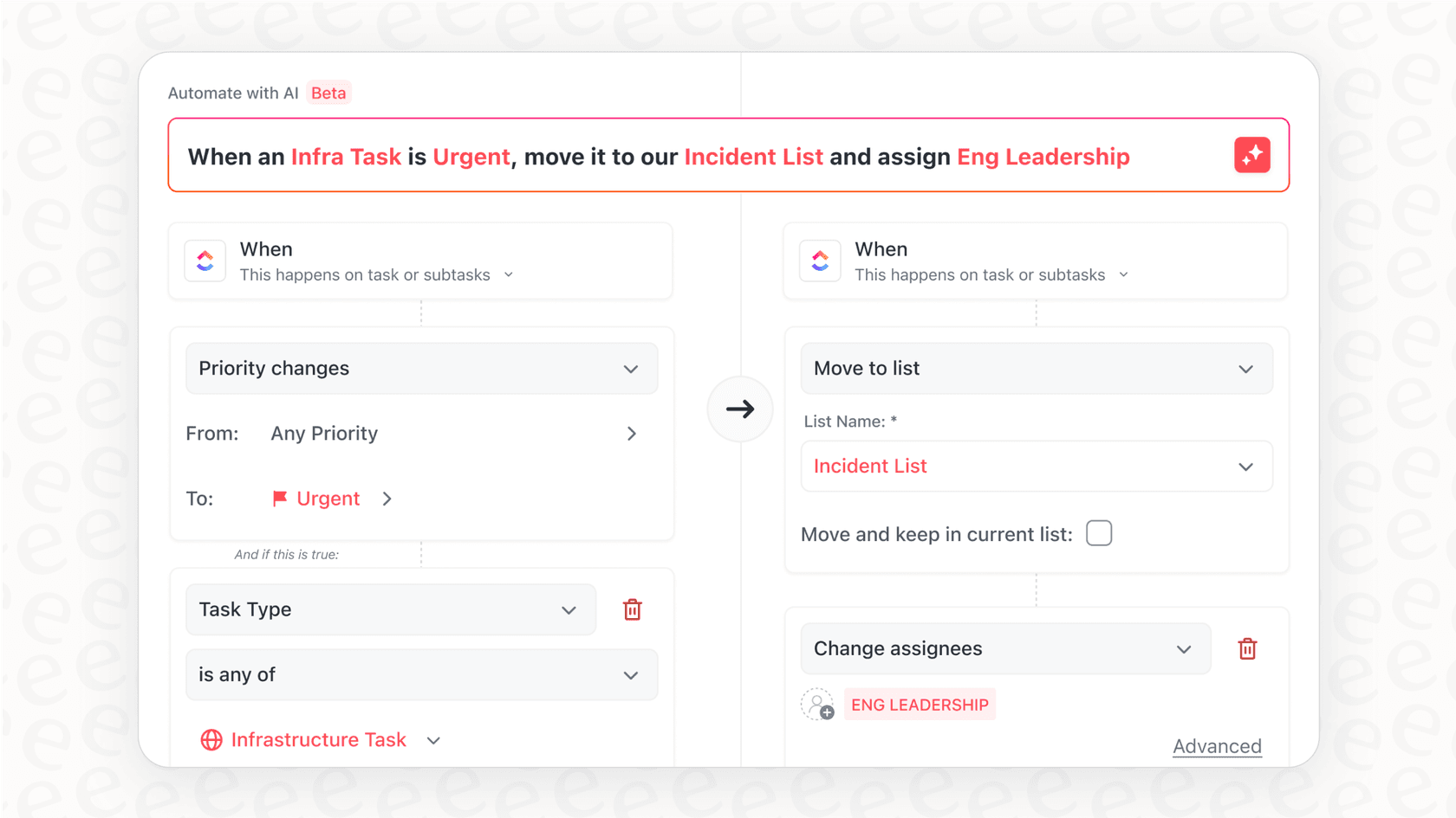 Screenshot providing a ClickUp overview of the built-in automation feature, displaying an "if this, then that" rule being created.