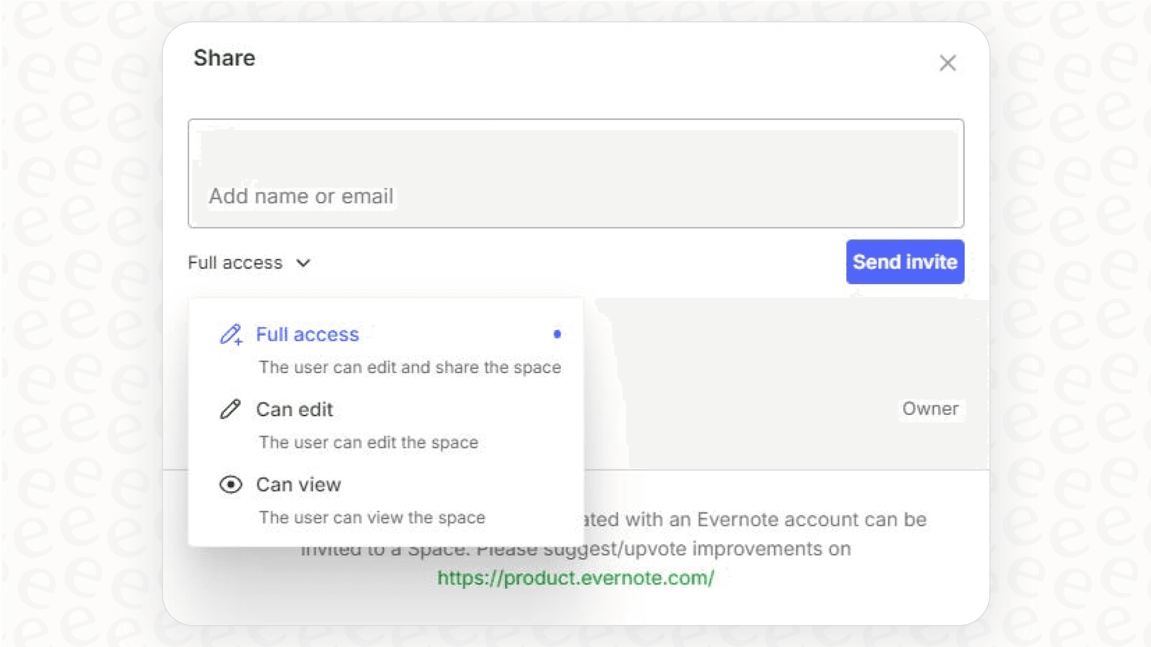 A screenshot that provides an Evernote overview of the collaboration features, specifically the dialog box for sharing notes and setting permissions.