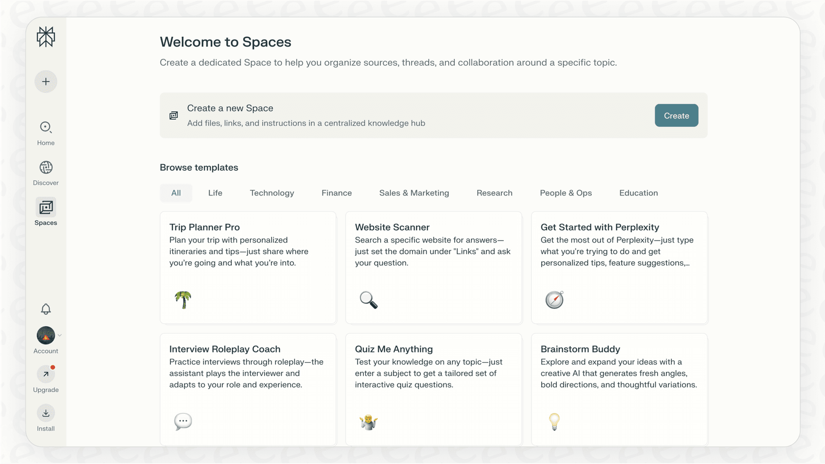 A screenshot for a Perplexity overview, demonstrating how the Collections feature helps organize research into distinct, shareable spaces.