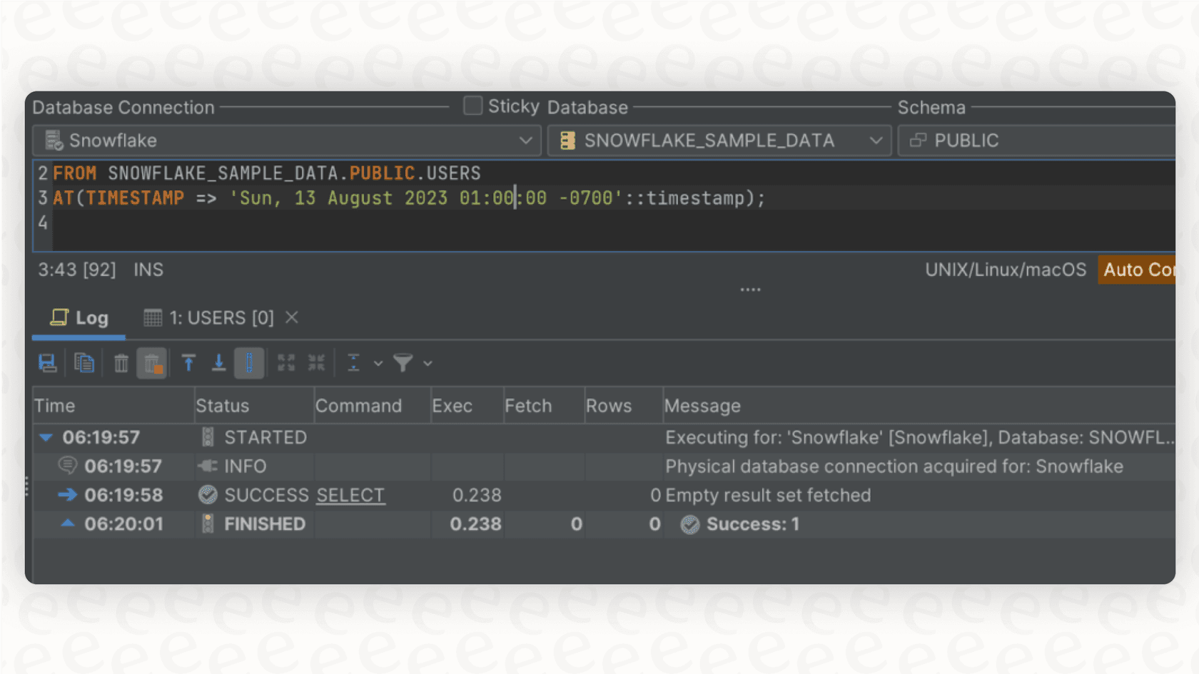 A screenshot providing a Snowflake overview of the Time Travel feature, showing a SQL query that accesses historical data from a specific point in the past.