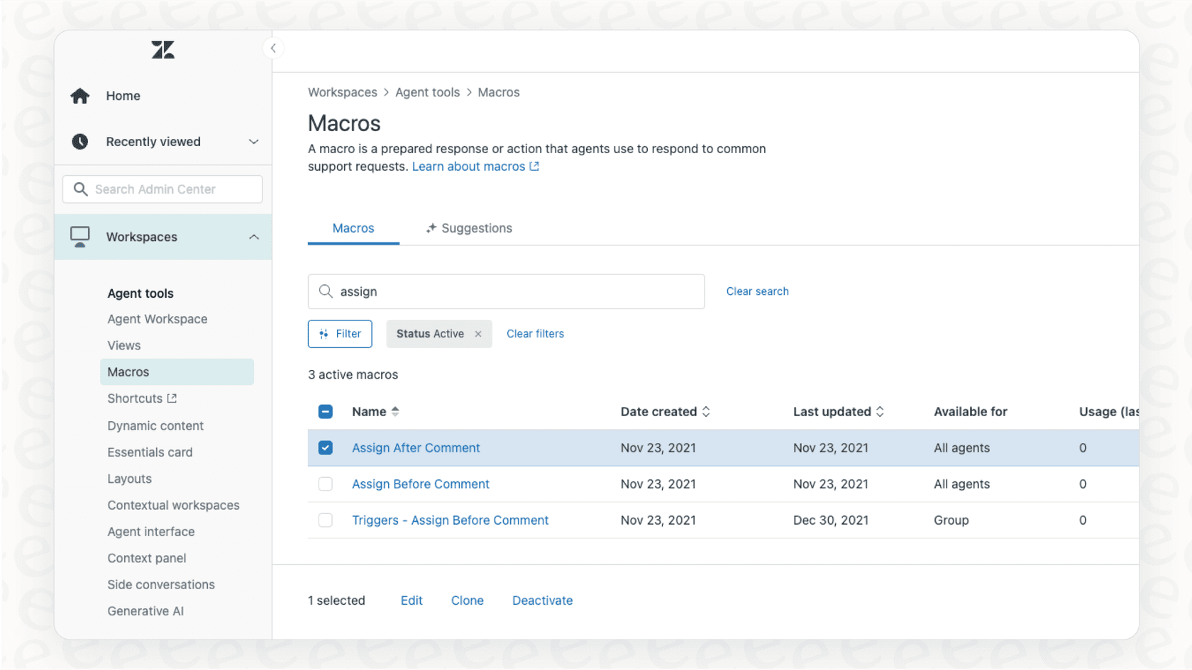 This screenshot shows the macro settings in Zendesk, illustrating the automation capabilities available with the Zendesk WhatsApp integration.::