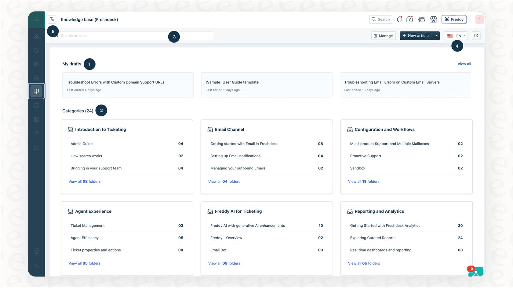 A screenshot of the Freshdesk knowledge base, which can be altered with Freshdesk portal customization.