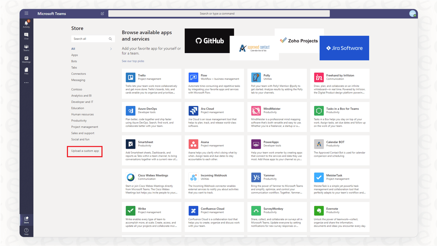 The app store inside Microsoft Teams, showing the wide range of integrations available in this Teams overview.